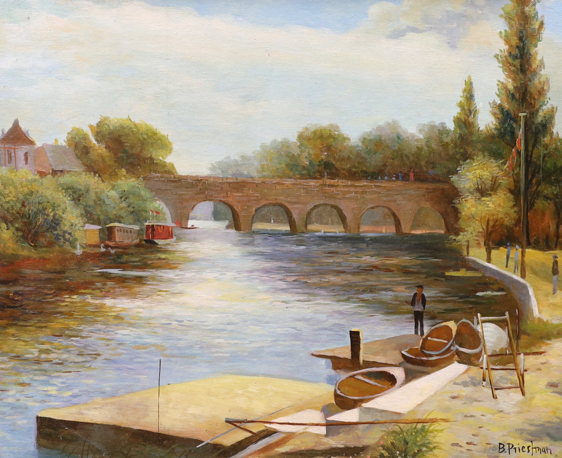 After Bertram Priestman (1868–1951) oil on board, River landscape with bridge and rowing boats, 50 x 40cm